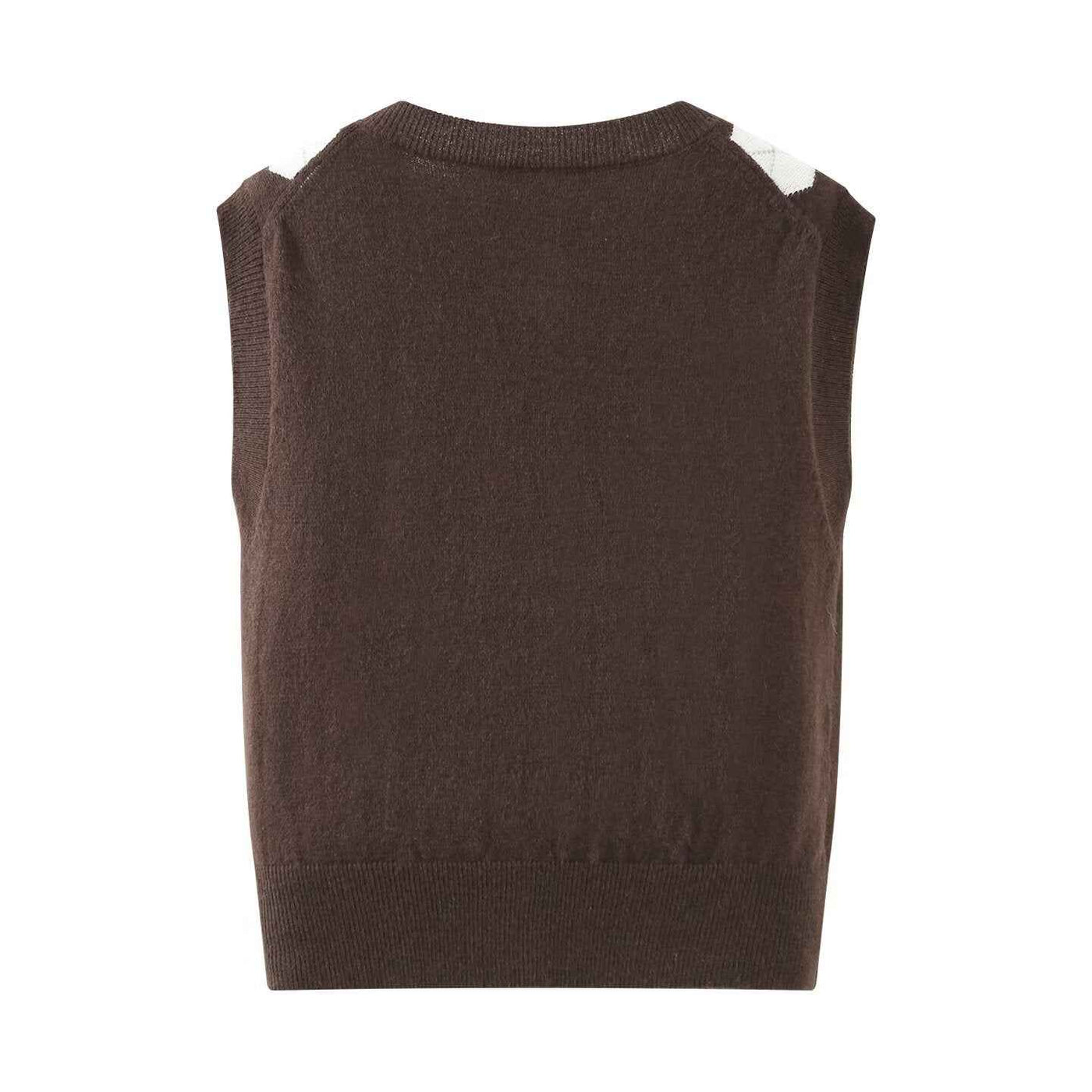 Sia | Argyle Knitted Vest Brown Sleeveless Button Front Crop