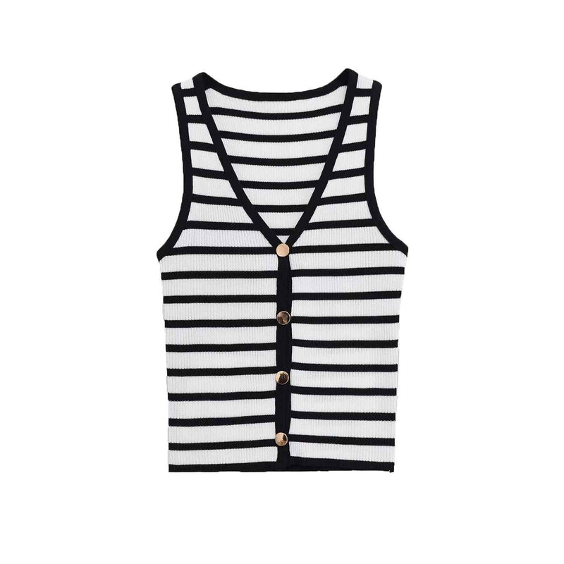 Tess | Knitted Vest Top Striped Black White Sleeveless V Neck Button Front