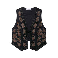 Fleur | Sleeveless Vest Top Brown Embroidered Tie Front V Neck