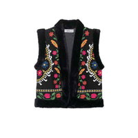 Sia | Embroidered Faux Fur Vest Black Sleeveless Floral