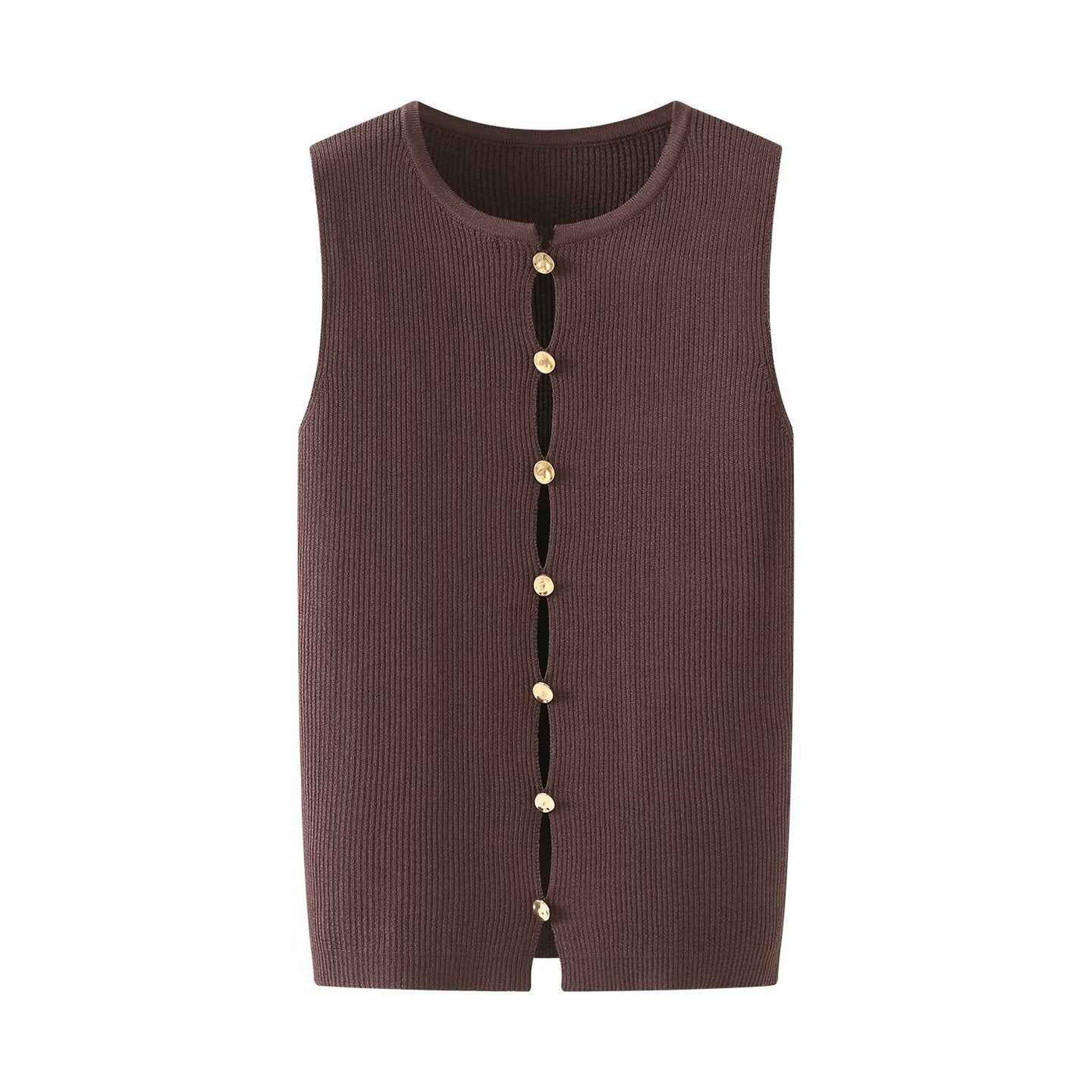 Opal | Sleeveless Cardigan Brown Ribbed Knitted Button Front Fitted