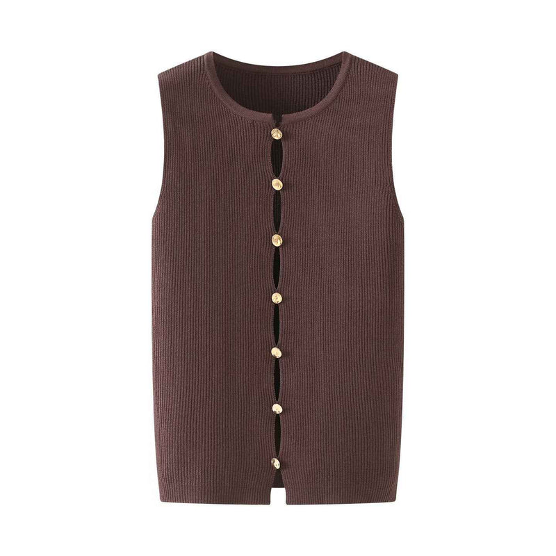 Opal | Sleeveless Cardigan Brown Ribbed Knitted Button Front Fitted
