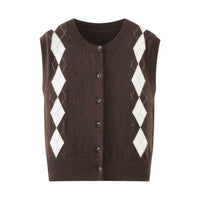Sia | Argyle Knitted Vest Brown Sleeveless Button Front Crop