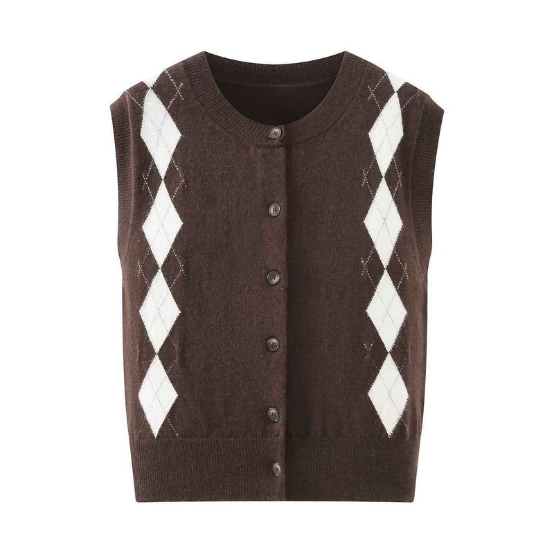 Sia | Argyle Knitted Vest Brown Sleeveless Button Front Crop