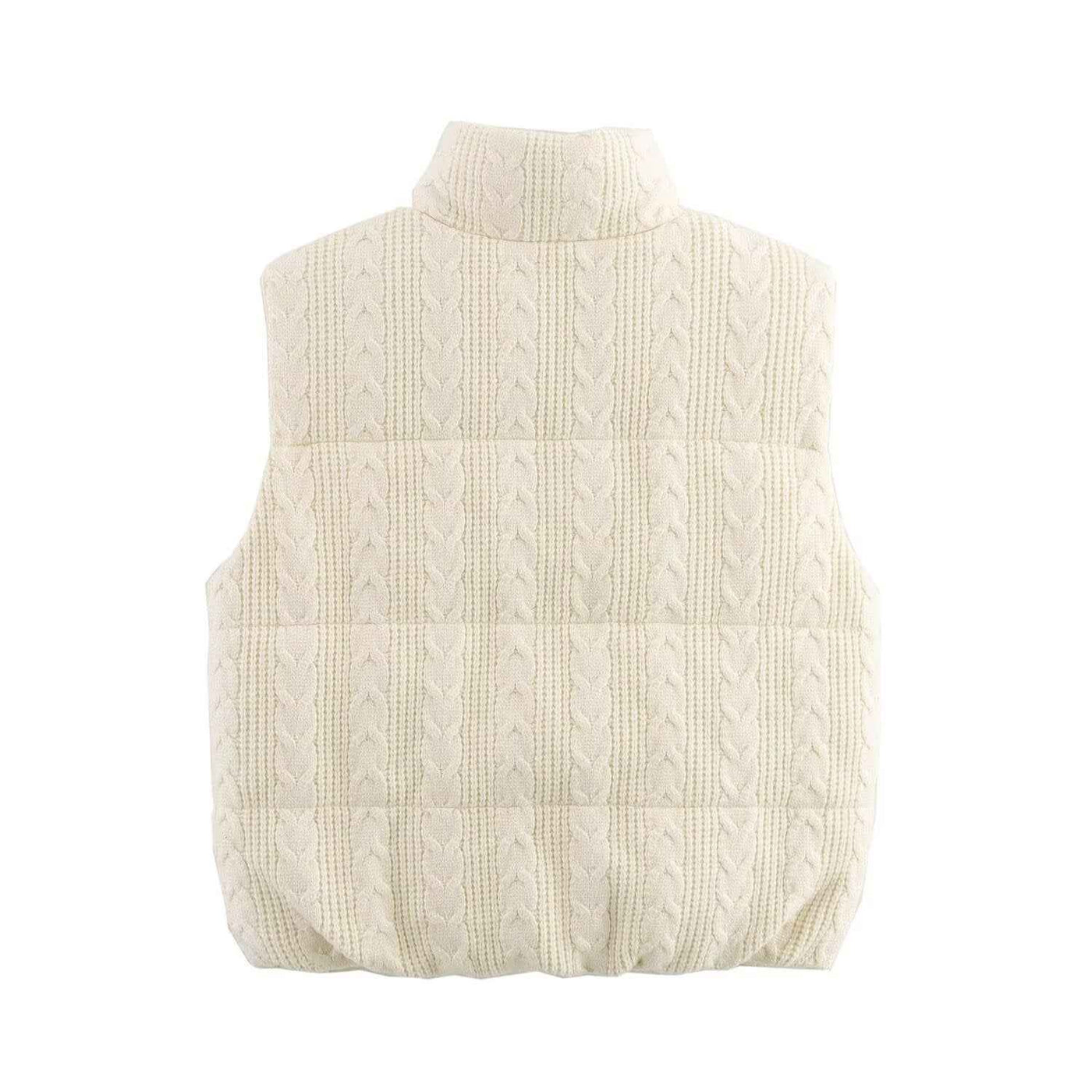 Vera | Knitted Puffer Vest Cream Cable Knit Sleeveless Zip Up