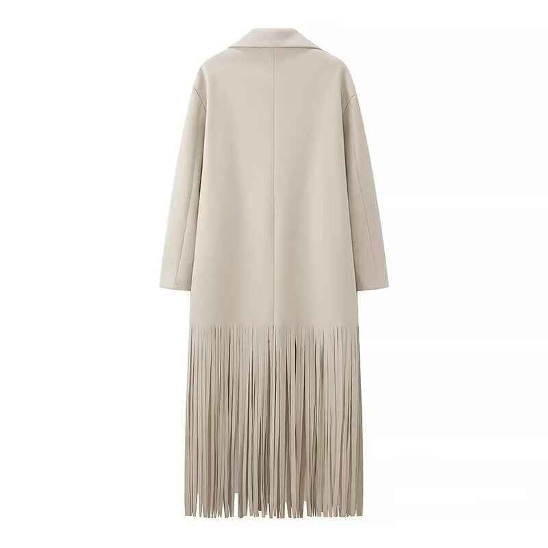 Nola | Elegant Longline Blazer Coat Cream Pleated Fringe