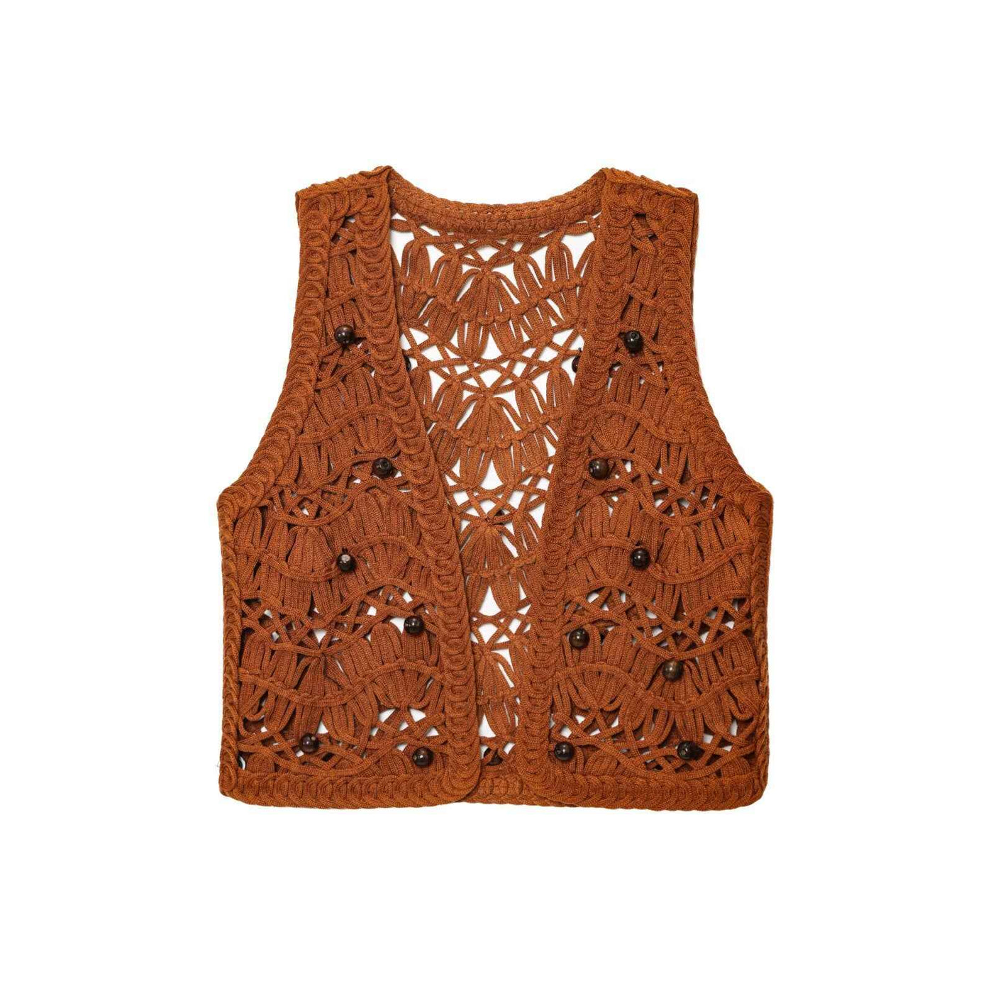 Etta | Summer Crochet Vest Brown Sleeveless Beaded Cropped