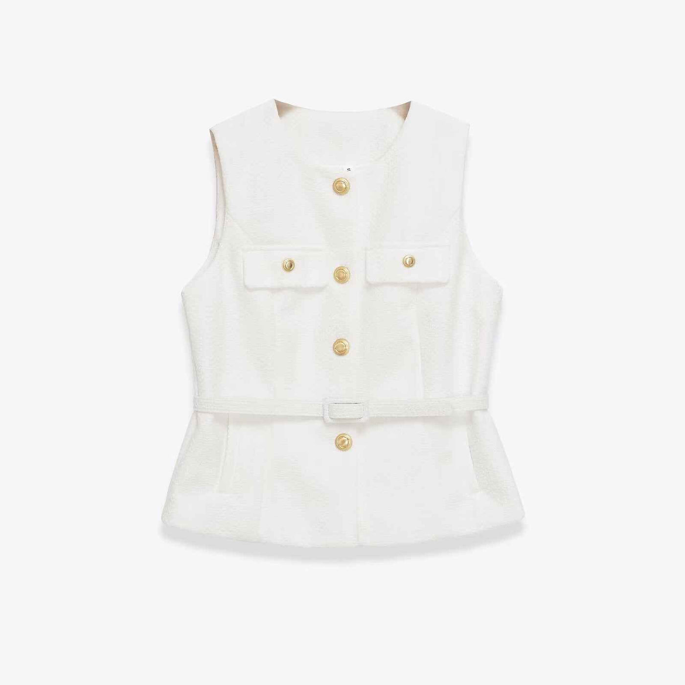 Gemma | Elegant Sleeveless Blazer Black Tweed Belted Gold Button