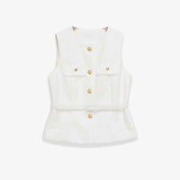 Gemma | Elegant Sleeveless Blazer Black Tweed Belted Gold Button