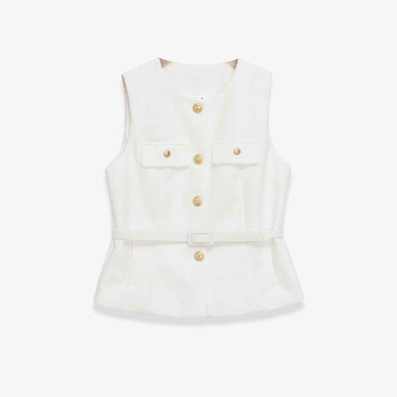 Gemma | Elegant Sleeveless Blazer Black Tweed Belted Gold Button