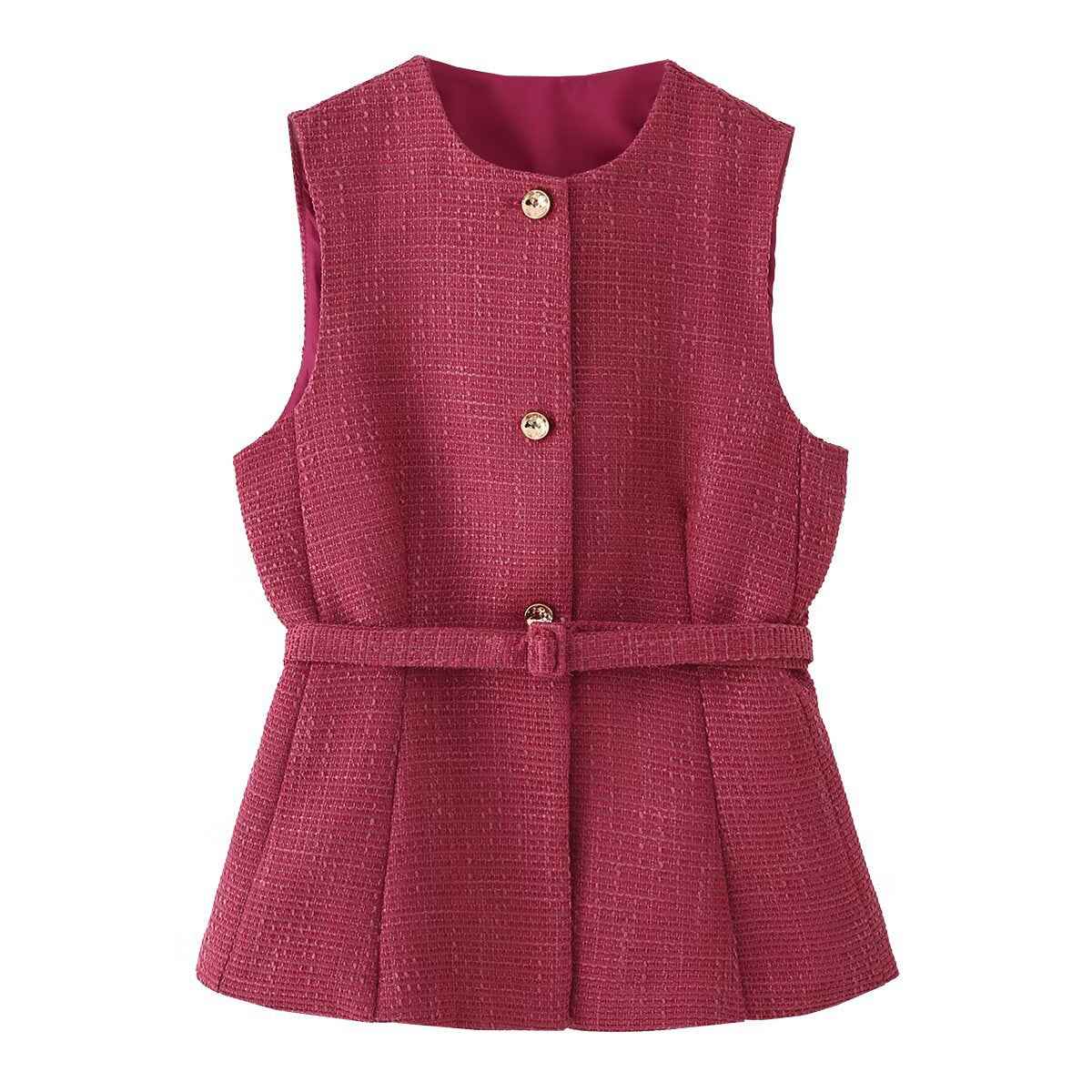 Mira | Elegant Tweed Peplum Top Pink Belted Sleeveless