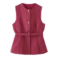 Mira | Elegant Tweed Peplum Top Pink Belted Sleeveless