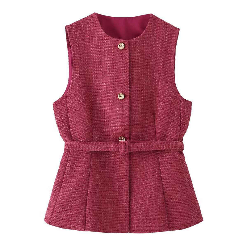 Mira | Elegant Tweed Peplum Top Pink Belted Sleeveless
