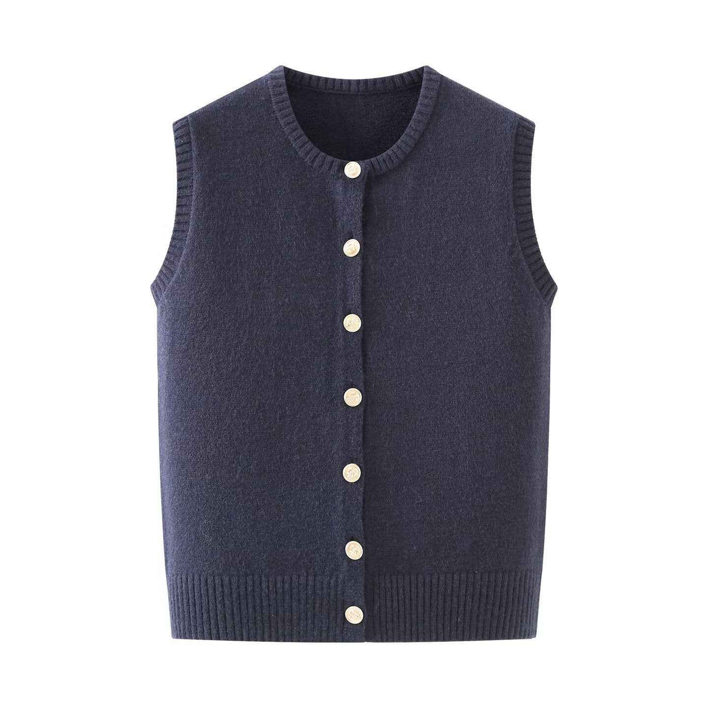 Neve | Knitted Vest Top Navy Sleeveless Button Front