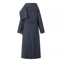 Edie | Elegant Pinstripe Tailored Coat Navy Long Belted