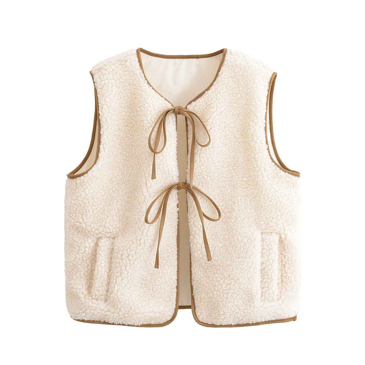 Sia | Autumn Borg Jacket Cream Sleeveless Tie Front