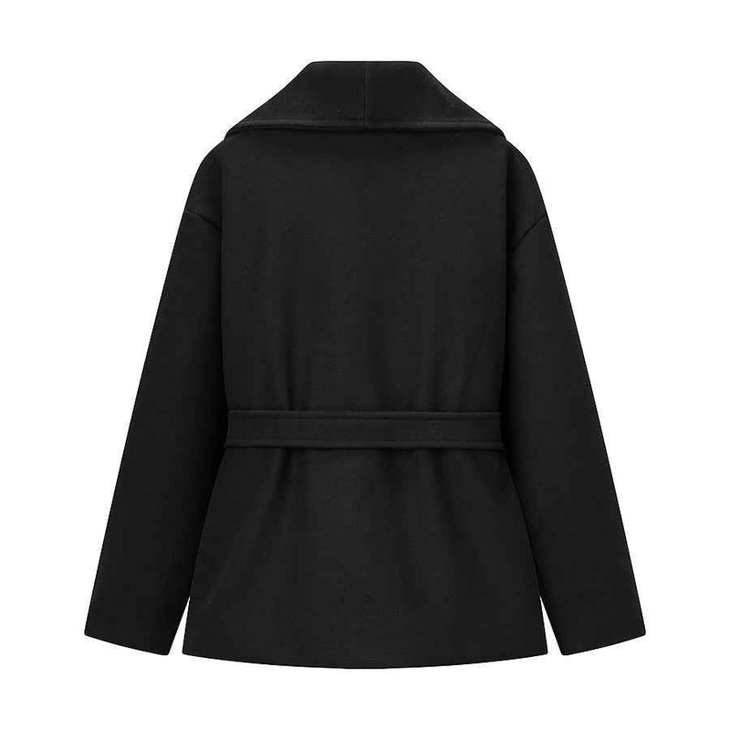Demi | Elegant Black Belted Jacket Coat Wrap Collar Long Sleeve