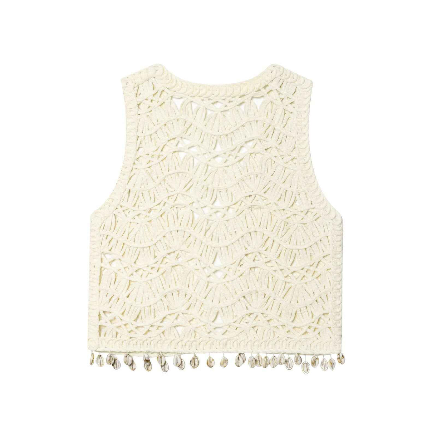 Noa | Summer Crochet Cardigan Cream Sleeveless Shell Tassel