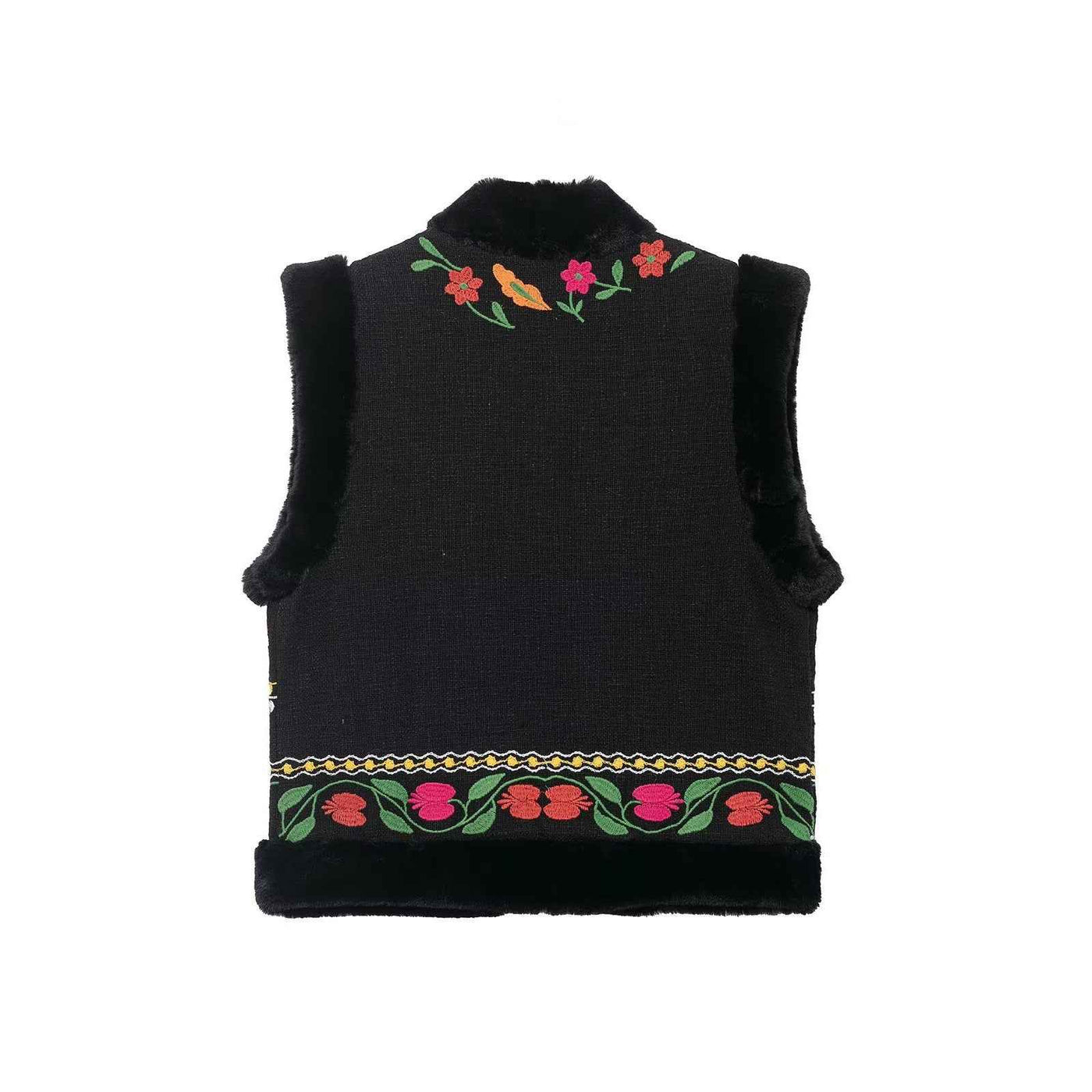 Sia | Embroidered Faux Fur Vest Black Sleeveless Floral