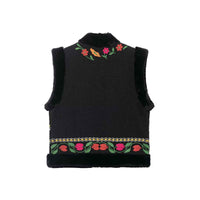 Sia | Embroidered Faux Fur Vest Black Sleeveless Floral