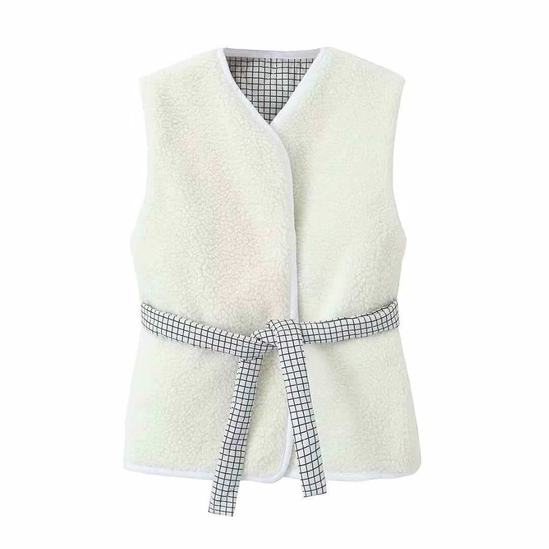 Wren | Belted Check Vest Top White Sleeveless Tie Front V Neck