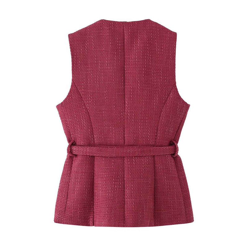 Mira | Elegant Tweed Peplum Top Pink Belted Sleeveless