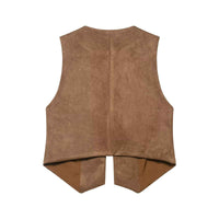 Fleur | Sleeveless Vest Top Brown Embroidered Tie Front V Neck