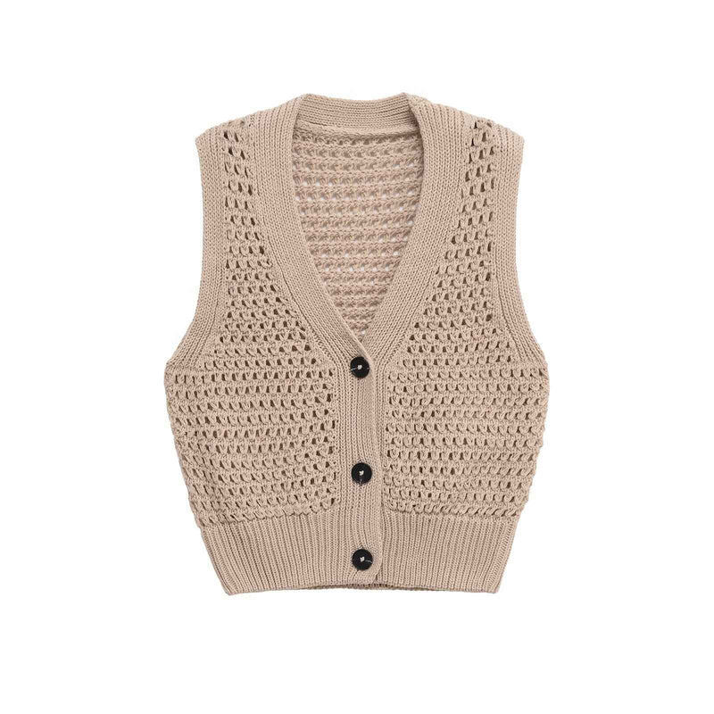 Rosa | Crochet Knitted Cardigan Beige Sleeveless V Neck Button Front