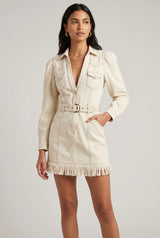 Cassidy | Western Denim Fringe Mini Dress in Cream