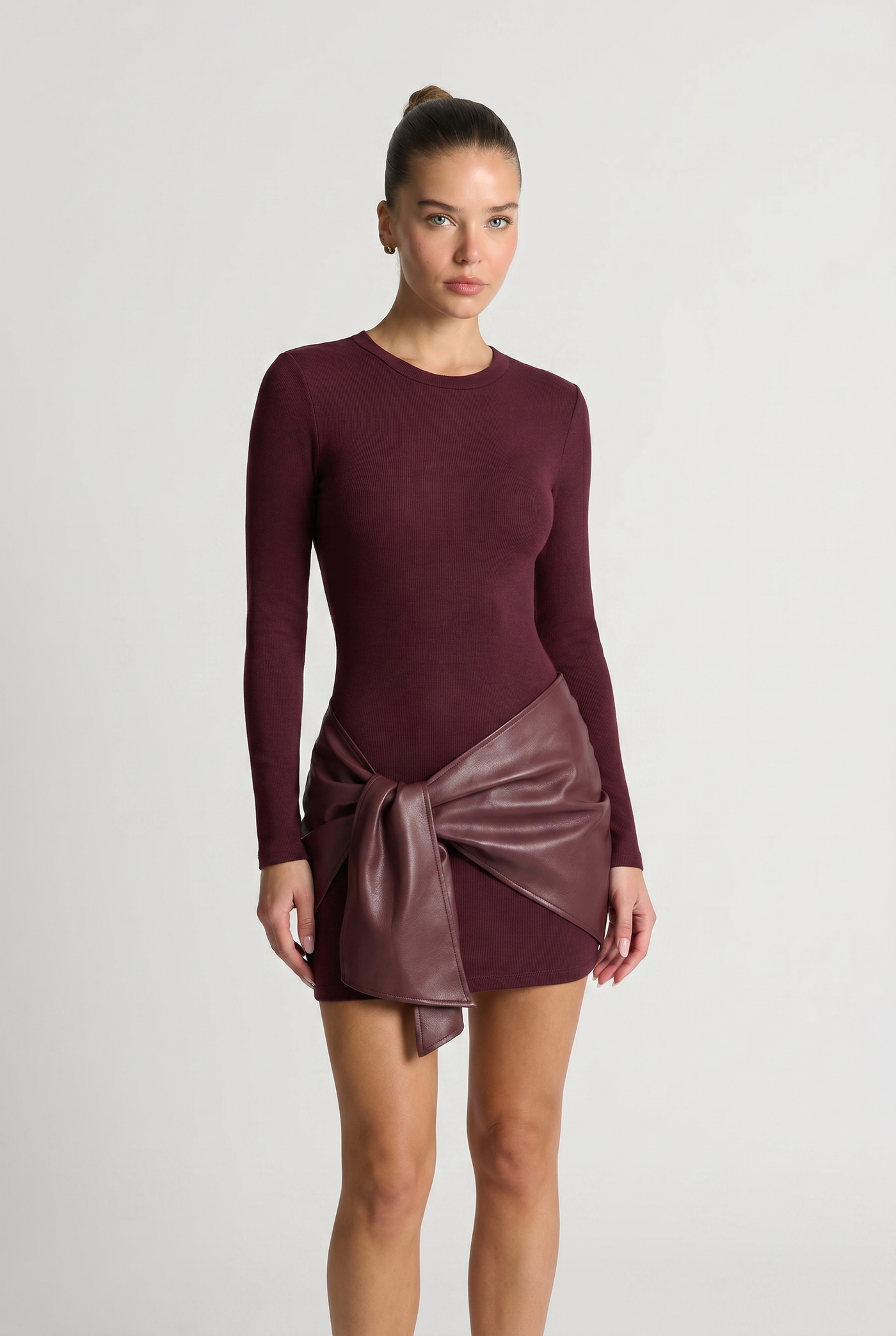 Roxy Faux Leather Patchwork Tie-Front Bodycon Mini Burgundy - Front
