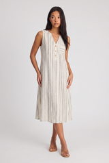 Cordelia | Women's Linen Striped Midi Dress Cream Button Front