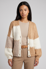 Celestine | Women's Colour Block Knit Cardigan Cream Tan White