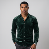 Fitzroy | Men's Velvet Button Up Shirt Deep Green Long Sleeve